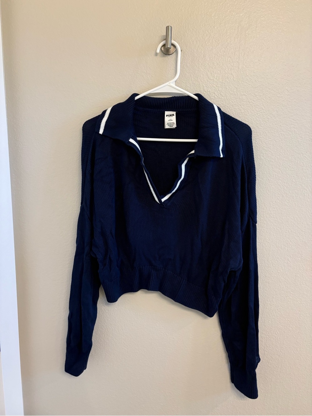 PINK Victoria's Secret Navy Cropped Polo Sweater with White Trim